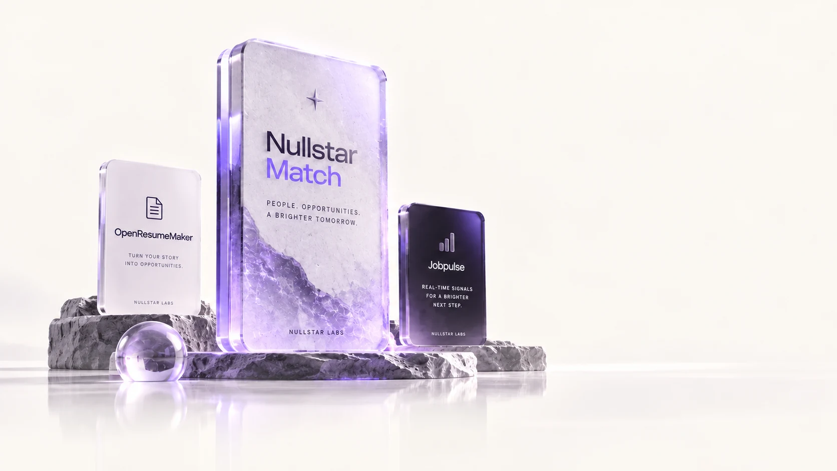Nullstar Match, OpenResumeMaker and JobPulse rendered as glass product monoliths on a stone plinth