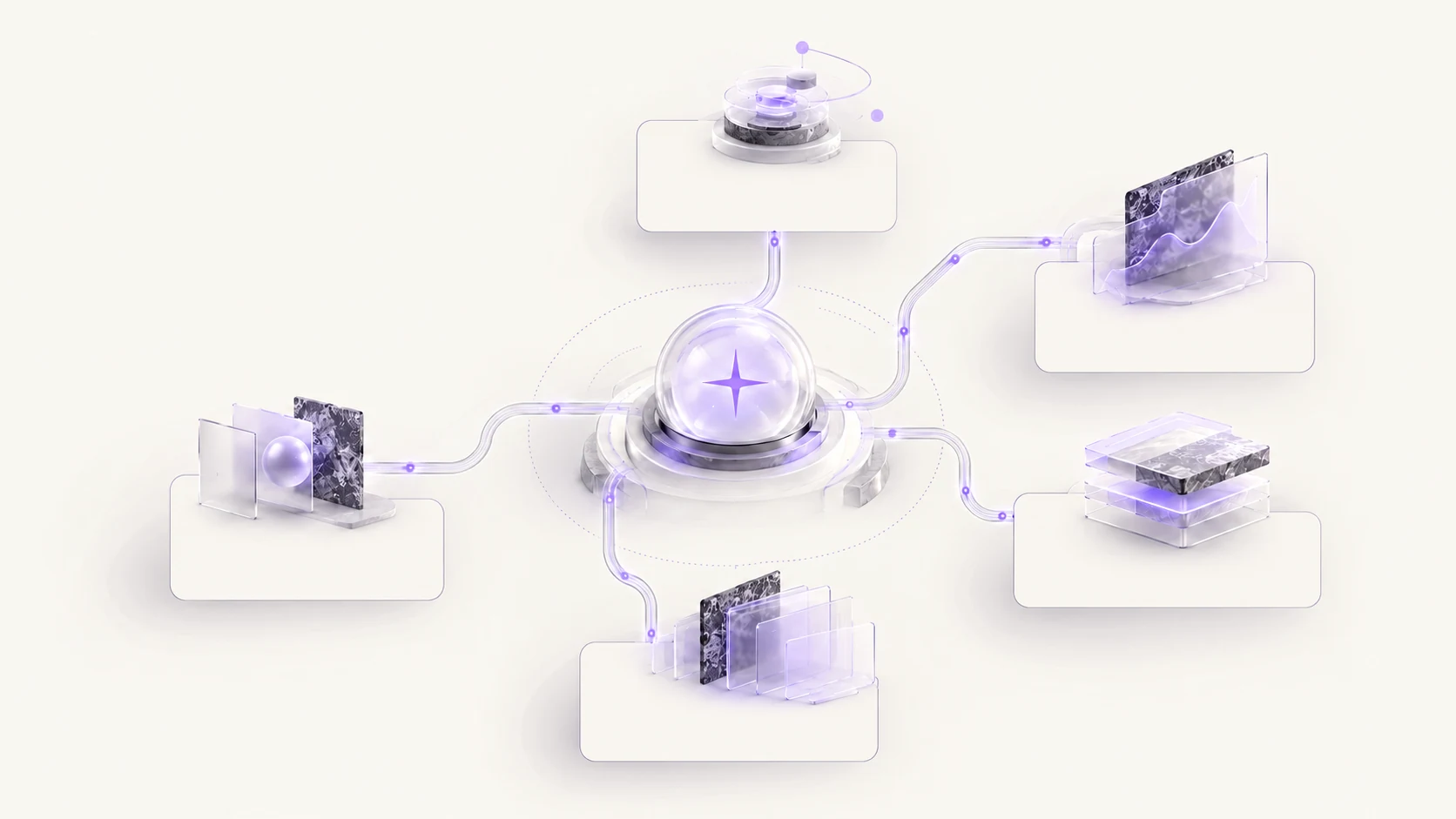 Five sculptural capabilities connected by glass paths to the central Nullstar system