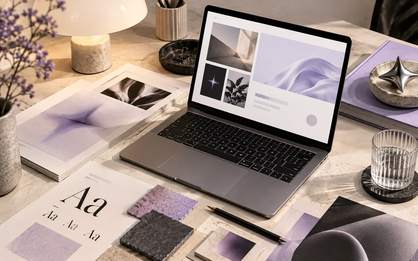 An art-directed studio still life with a laptop, material studies and typography