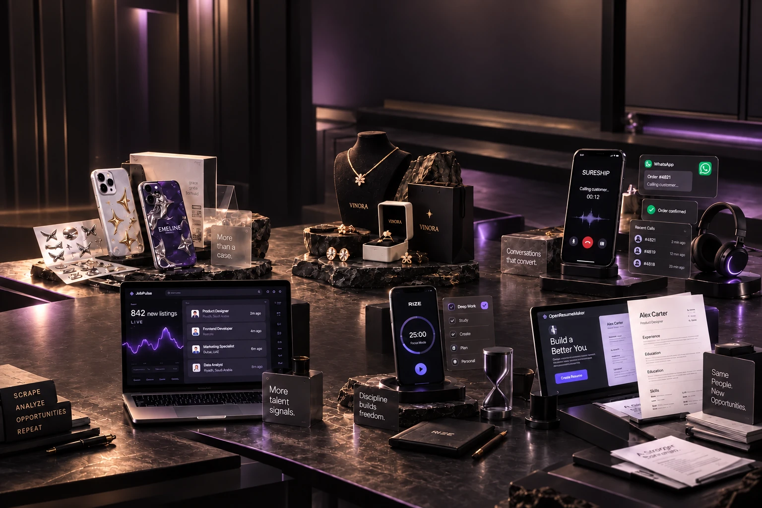 A dark Nullstar studio workbench displaying six product and brand projects